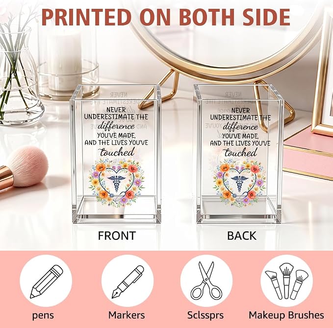 Never Underestimate The Difference Acrylic Pencil Holder Cup for RN | Appreciation Gifts for Doctors Nurses, Floral Bookmark Holder for National Doctors Day, Farewell Retirement Nurse Week Gifts