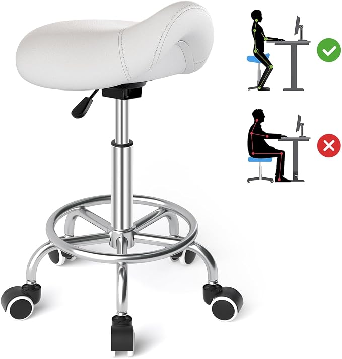 YEEZEE Saddle Stool Ergonomic, Saddle Chair with Wheels, Classic White | Comfortable Wide Thick Saddle Seat Padding, 360°Swivel, Adjustable Height, Ring Pedal Design, for Medical Massage Salon Spa