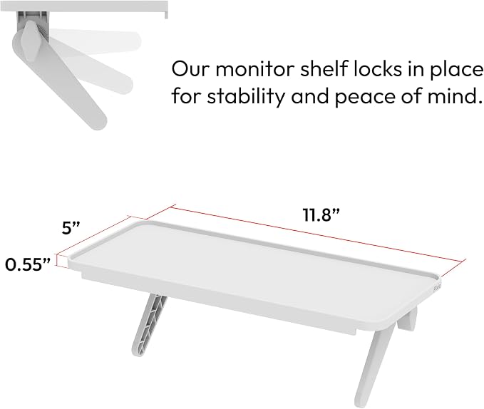 Pixio 12 inch White Monitor Storage Top Shelf - Adjustable Platform, Universal Fit, Holds Up to 13lbs, Works on TV, Flat, Curved Monitors, Storage for Webcams, Clocks, Phone, Figures