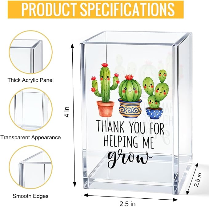 Thank You For Helping Me Grow Acrylic Cosmetic Pencil Pen Bookmark Storage Holder Cup, Funny Plant Holder Cup Gifts for Women Teacher Mentor Professor Librarian, Thank You Gifts for Teacher