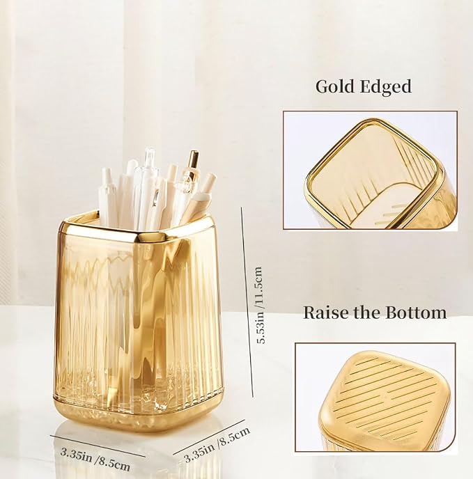 Acrylic Pen Holder, Cute Clear Gold Desk Organizer for Pencils, Makeup Brushes Toothbrushes with Striped Design for Vanity Bathroom Storage Cup