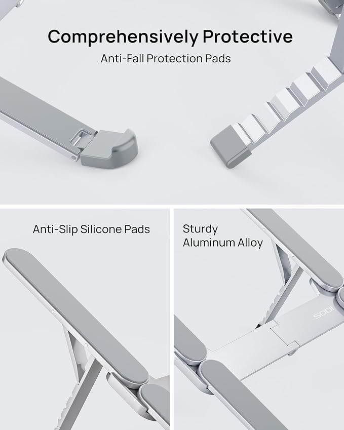 SODI Ultra Compact Foldable Laptop Stand - Portable Laptop Holder for Desk & Travel Use, Ergonomic Aluminum Computer Holder with Adjustable Height for MacBook, Tablet 10-16" (Light Gray, Bi-Fold)