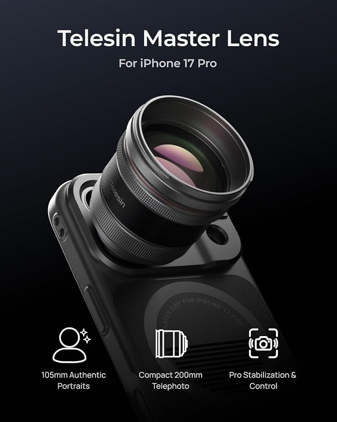 TELESIN 2X Telephoto Master Lens for iPhone 17 Pro with Hood, 105mm Authentic Portraits, 200mm Equivalent Optical Telephoto Extender, APP Pro EIS for Wildlife/Sports/Concert Portrait Photography
