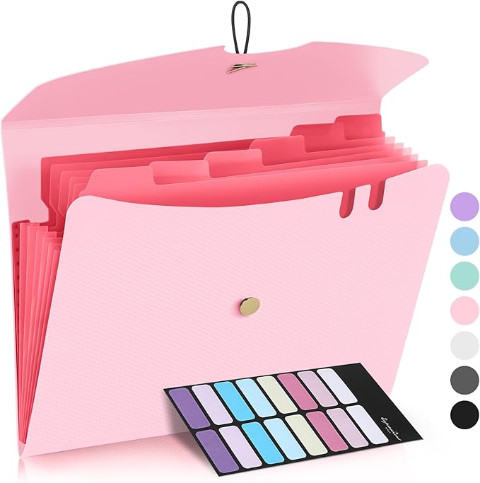 Sooez 7 Pocket Expanding File Folder, Premium Accordion File Organizer, Letter Size Folders for Documents, Sleek Filing Folders with Bungee Closure, Portable Folders for School Office Supplies, Pink