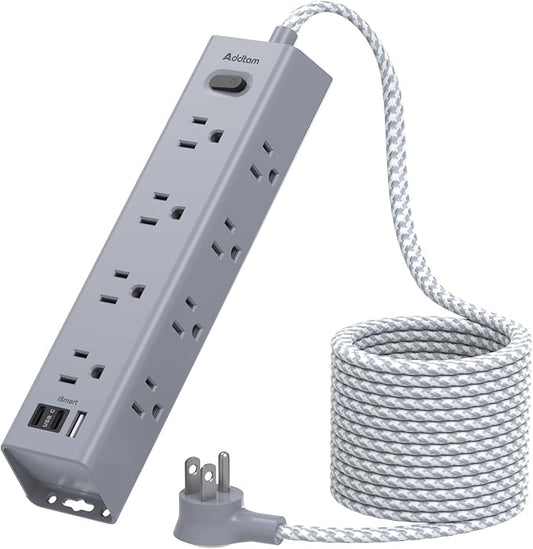 Surge Protector Power Strip - 10 FT Extension Cord, Power Strip with 12 Widely AC Outlet 3 USB, Flat Plug Wall Mount Overload Protection, 1050J, Desk Charging Station for Home Office, ETL Listed,Grey