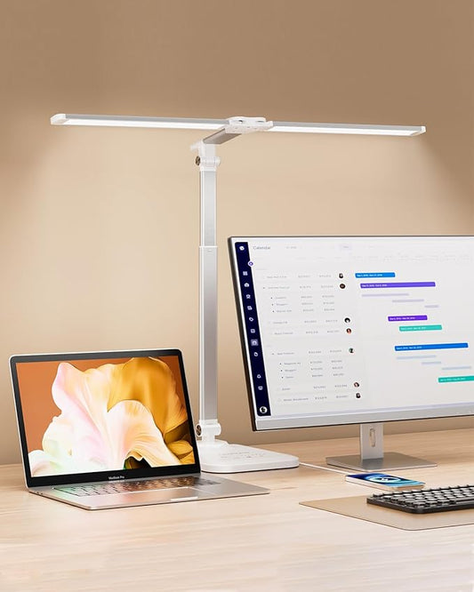 LED Desk Lamp for Office Home, Height Adjustable Architect Desk Light with USB Adapter, Stepless Dimming 50 Lighting Modes, Eye Caring Double Head Computer Desk Lamp for Reading, Study, Workbench