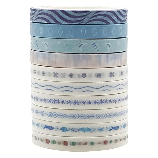 Vintage Pattern 5mm Wide Skinny Washi Tapes Set, 10 Rolls Blue Japanese Masking Decorative Tapes for Bullet Journal Planners DIY Decor Crafts Arts Scrapbooking Adhesive