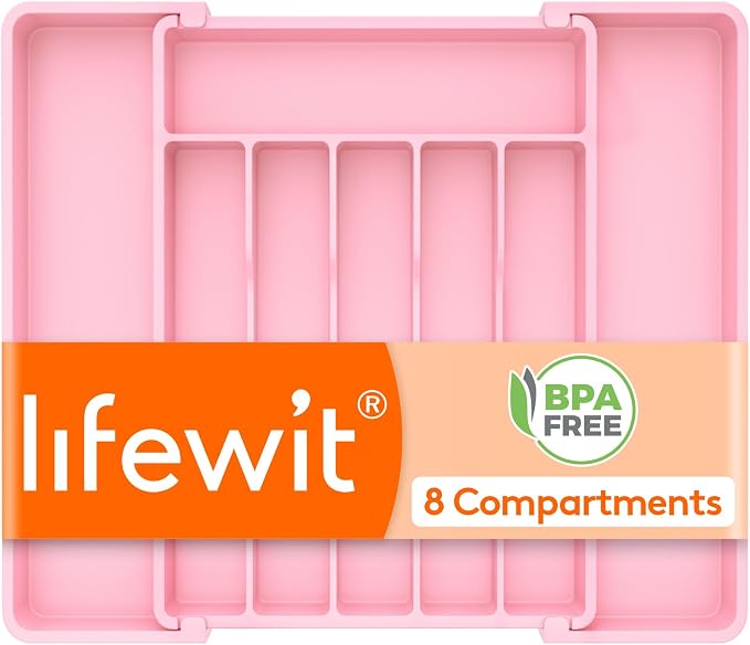 Lifewit Silverware Drawer Organizer, Expandable Utensil Tray for Kitchen, BPA Free Flatware and Cutlery Holder, Adjustable Plastic Storage for Spoons Forks Knives, 10.9"-17.5" x 13.7", Pink