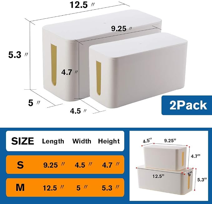 ShellKingdom Cable Management Box, 2 Set Cable Organizer for Cable and Cord Management, Storage and Holder to Cover and Hide & Power Strips & Cords (White)