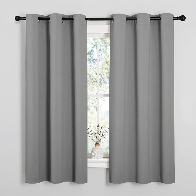 NICETOWN Silver Grey Thermal Insulated Grommet Blackout Curtains, Kids Window Drape Panel for Nursery, Privacy Short Curtains (2 Panels, W42 x L48 -Inch)