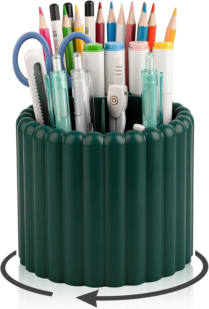 360° Rotating Pen Holder for Desk Removable Pencil Organizer, Teal Green | 7 Slots Pen Cup Cute Office Supplies and Accessories Plastic Desktop Storage Box Art Caddy for School, Work, Home