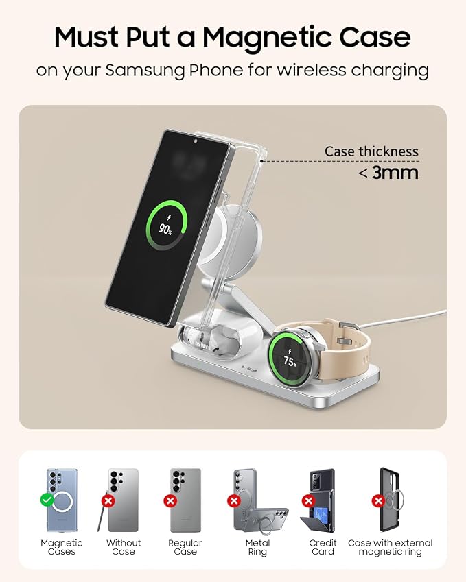 3 in 1 Foldable Magnetic Wireless Charging Station for Samsung, Wireless Charger Stand for Galaxy S26 Ultra S25/S24 /Note 20/Flip 7/Fold 7, for Galaxy Watch Ultra/8/7/6,Galaxy Buds 3/3 Pro