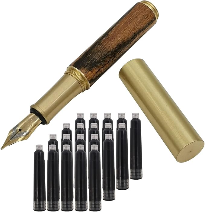 Handcrafted Brass Wooden Fountain Pen Short Paragraph (85mm) Pocket Mini Travel Pen with 20 Pcs Black Ink Cartridges, Brownish Black Stripes