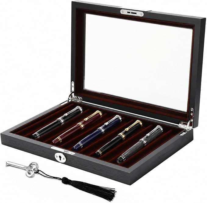 12-Slot Wooden Fountain Pen Case, Elegant Velvet Lined Pen Display Case with Secure Lock & Clear Lid, 12.6 x 8.7 x 1.8 in for Fountain Pens, Executive Pens, Black