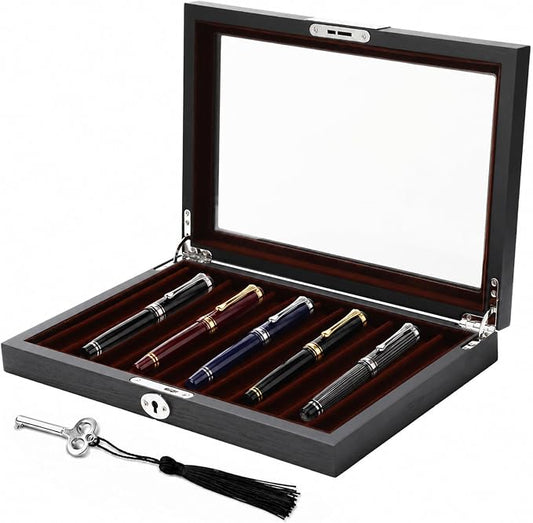 12-Slot Wooden Fountain Pen Case, Elegant Velvet Lined Pen Display Case with Secure Lock & Clear Lid, 12.6 x 8.7 x 1.8 in for Fountain Pens, Executive Pens, Black