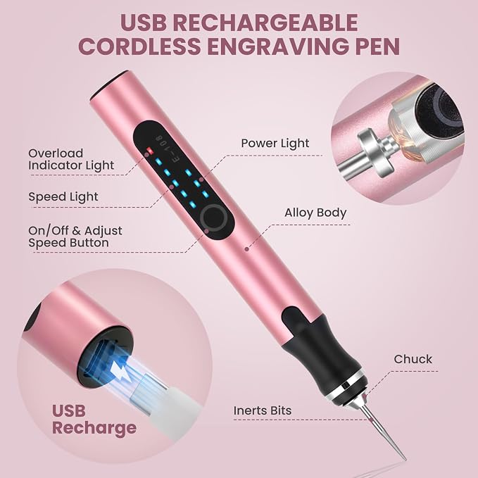 Electric Engraving Pen with 37 Bits, USB Rechargeable Cordless Etching Engraving Tool, Portable DIY Rotary Engraver for Jewelry Wood Glass Stone Carving (Rose Red)