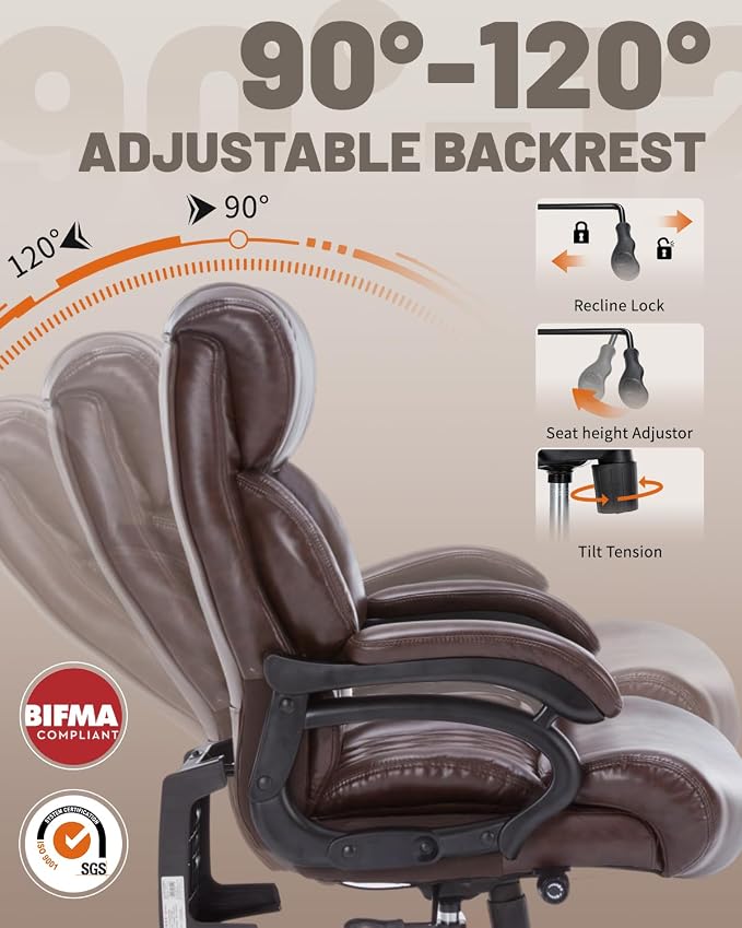 800LBS Heavy Duty Office Chair & Massage Footrest Big & Tall Executive Chair with Adjustable Lumbar Support, PU Leather, Extra Wide Seat for Comfort