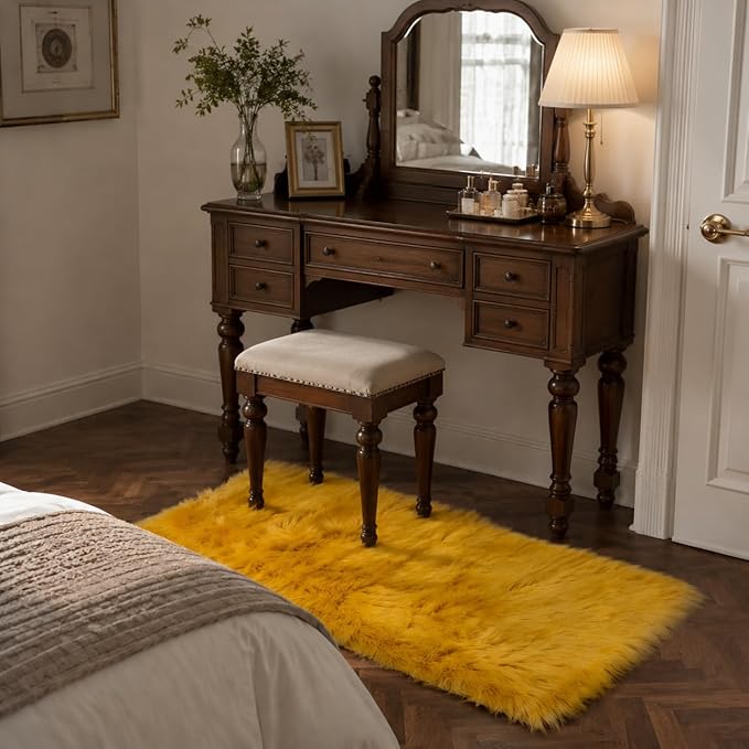 EasyJoy Faux Sheepskin Rug, Fluffy Faux Fur Rug, Ultra Soft Shag Area Rug with Non-Slip Backing for Bedroom, Living Room, Nursery, Kids Room(2 x 4 ft Rectangle, Golden Yellow)