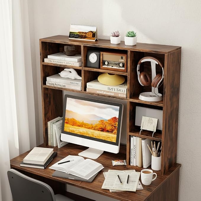 Tangkula Desktop Bookshelf, 37" Countertop Storage Hutch with 7 Cubes & 3 Adjustable Shelves, 3-Tier Desk Display Rack Organizer, Multipurpose Wood Desktop Hutch for Dorm Home Office (Rustic Brown)