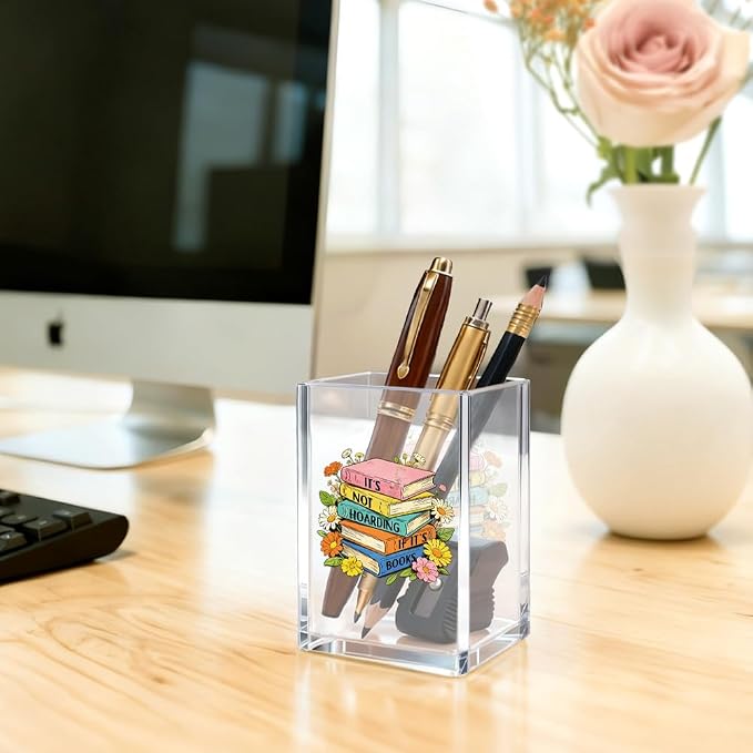 It's Not Hoarding If It's Books Acrylic Organizer Pencil Pen Holder, Floral Book Design Desk Storage Organizer, Bookworm Gifts for Book Lover Reader Bibliophile Librarian Book Club Member