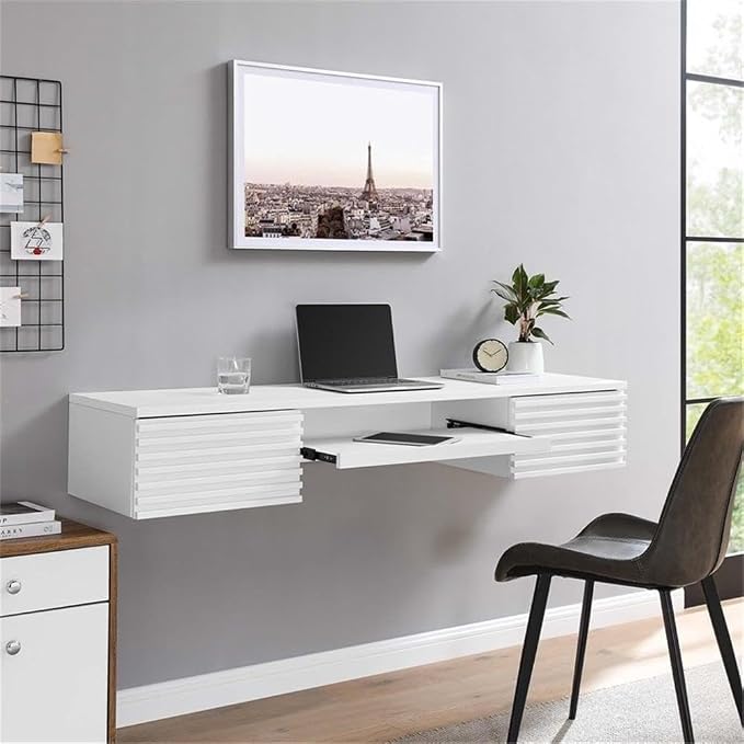 Pemberly Row Wall-Mount Office Desk, 60 in Wide Particleboard with Wood Grain Laminate, White Finish, Pull-Out Keyboard Tray, Full-Extension Drawers, Mid-Century Modern Style for Home Office or Dorm