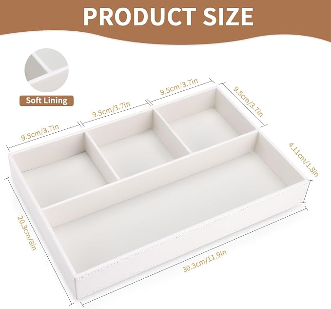 PU Leather Desk Drawer Organizer, 4 Compartment Office Supplies Stationery Storage Tray, Desk Organizers and Accessories Drawer Organizer Tray for Home, Makeup, Jewelry Stackable White