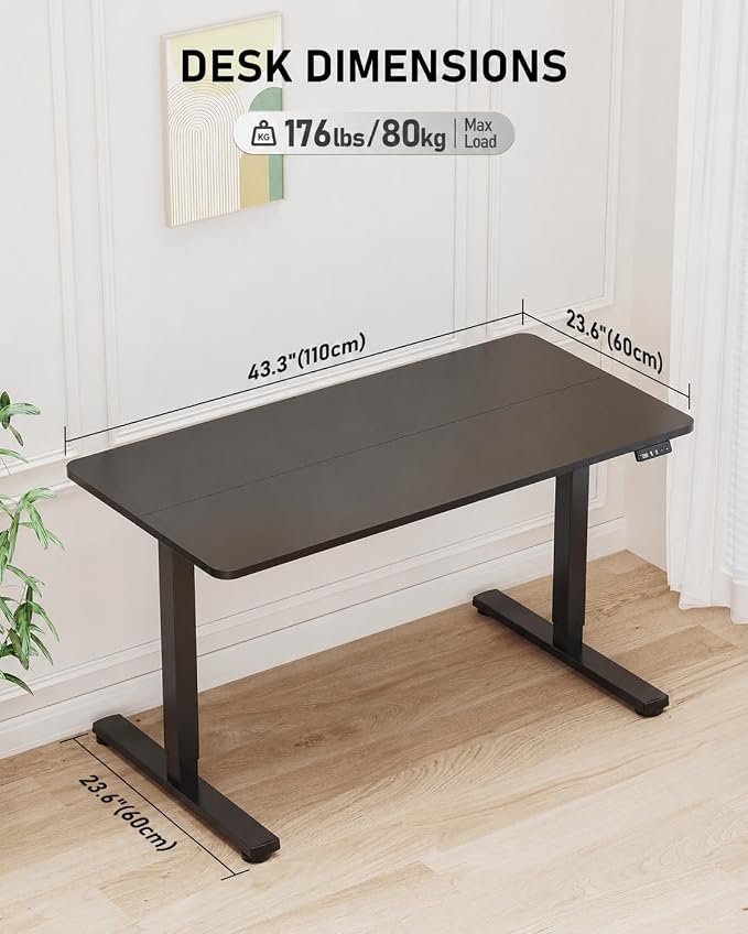 44" Small Electric Standing Desk Adjustable Height for Home Office | Gaming Table, Sit Stand up Desk for Computer Workstation, Memory Presets, 2 Hooks, Black Frame/Black Top