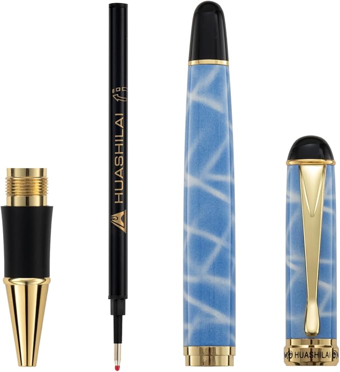 Luxury Metal Rollerball Pen Set – Stainless Steel Barrel, Cool Fine Point Pen with Gift Box & 2 Extra Refills – Premium Business & Signature Pens for Men & Women (Sky Blue)