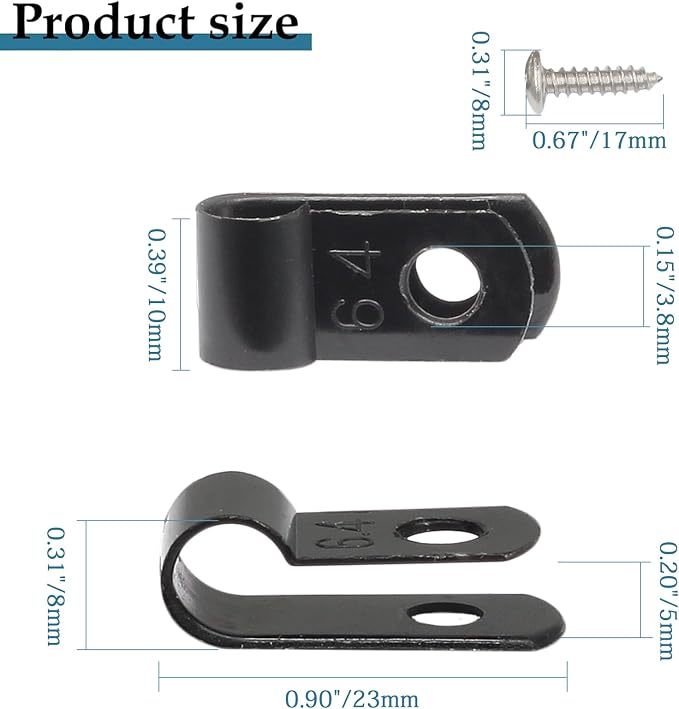 50 Pcs 1/4 Inch Black Nylon Cable Clip Wire Clamp | R-type, 6.4mm, Screw Mounting, Stainless Steel Screws Included, Wire Management