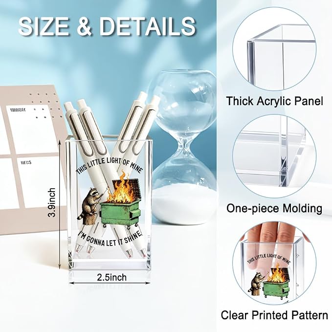 This Little Light Of Mine I'm Gonna Let It Acrylic Pencil Holder Cup | Cosmetic Holde, Funny Raccoon Dumpster Fire Pen Holder Gifts For Women Men Friends HR Doctor, Office Gifts for Coworkers