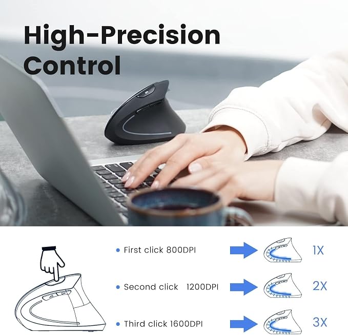 Perixx PERIMICE-813B Bluetooth Vertical Mouse - Wireless 3-in-1 Multi-Device Technology - Travelling Carry Bag - Black - Right Handed