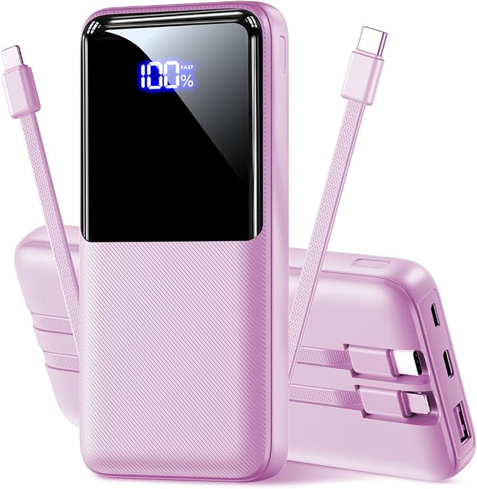 CFIAI Portable Charger Power Bank, 50% Larger Capacity 15000mAh Battery Pack with Built in Cable, 22.5W Fast Charging Travel Camping Essential for iPhone 17 16 Pro iPad Samsung S26 Google, Lavender