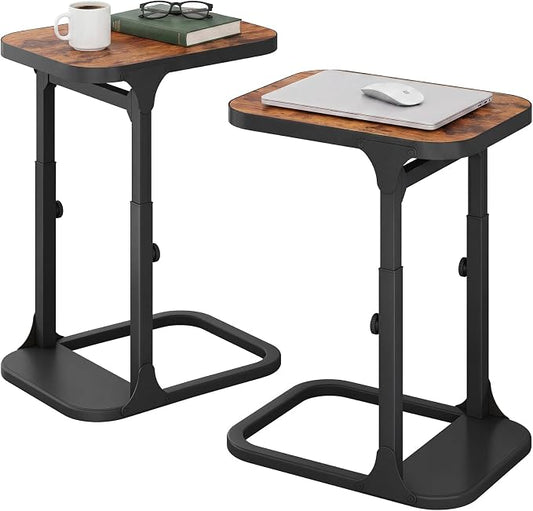 Kitstorack Height Adjustable End Table 2 Pack, Small Side Table for Couch, Sofa Table with Metal Frame for Living Room, Bedroom, Bedside C Shaped Table,Brown