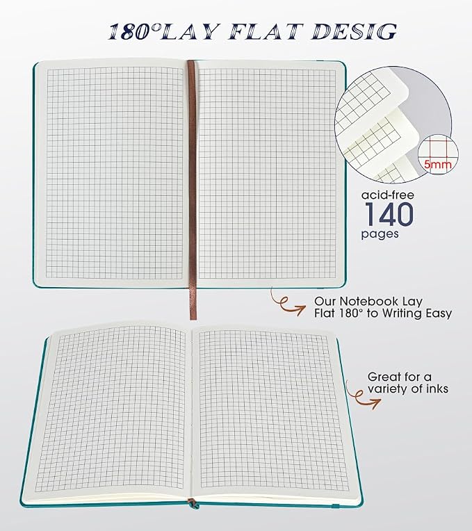 Biuwory Graph Paper Notebook Journal for Women Men,140 Pages Hardcover Grid Notebooks for Work & School,Leather Journals for Writing, Graphing Paper Notebook 5.7"×8.3" (Blue)