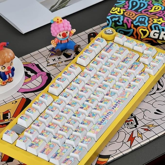 White & Yellow Keycaps - Cherry Profile 5-Sided Dye-Sublimation Graffiti Style Keycap Set 130 Keys for 60%/65%/75%/80%/100% Mechanical Keyboard