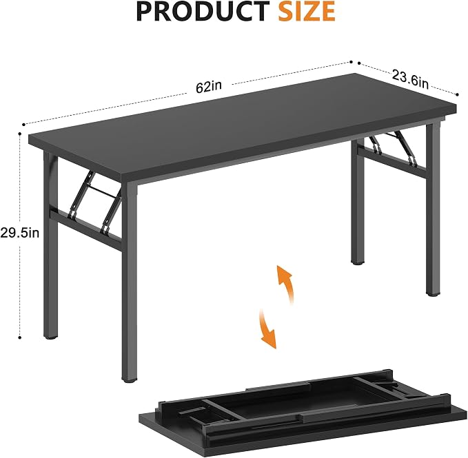sogesfurniture 62 inches Foldable Computer Desk, No Assembly Sturdy Large Laptop Workstation for Home Office, Modern Portable Folding Study Table Writing Gaming Desk for Small Spaces, Black