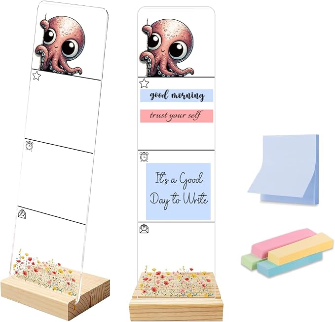Sticky Note Holder, Monitor Memo Board, Acrylic Post It Note Holder with Wooden Base, Includes 200 Notes, Desk Organizer for Office, Cute Octopus Design