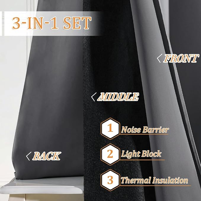 RYB HOME Noise Cancelling Curtains - 3 Layers Total Blackout Curtains Grommet Heavy Duty Drapes Thermal Insulated Energy Efficiency for Kids Room Studio Bedroom, 52 x 63 inches Long, Grey, 2 Panels