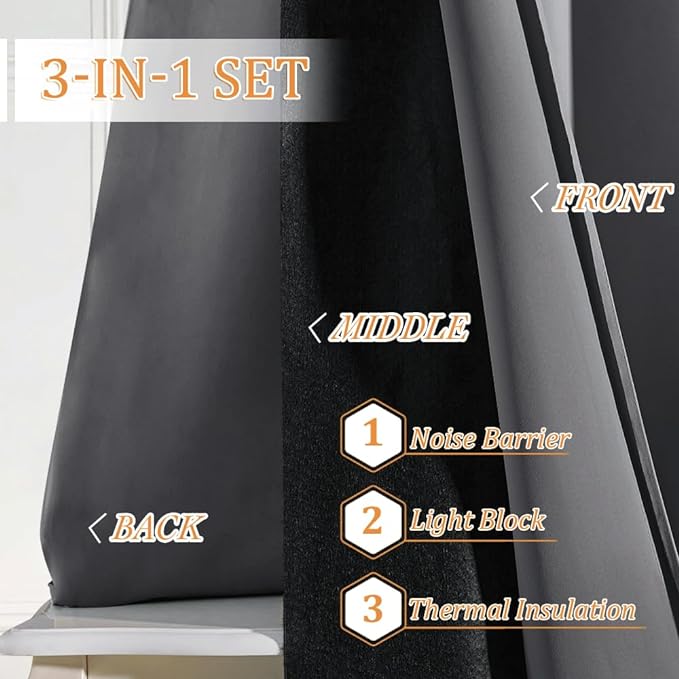 RYB HOME Noise Cancelling Curtains - 3 Layers Total Blackout Curtains Grommet Heavy Duty Drapes Thermal Insulated Energy Efficiency for Kids Room Studio Bedroom, 52 x 63 inches Long, Grey, 2 Panels