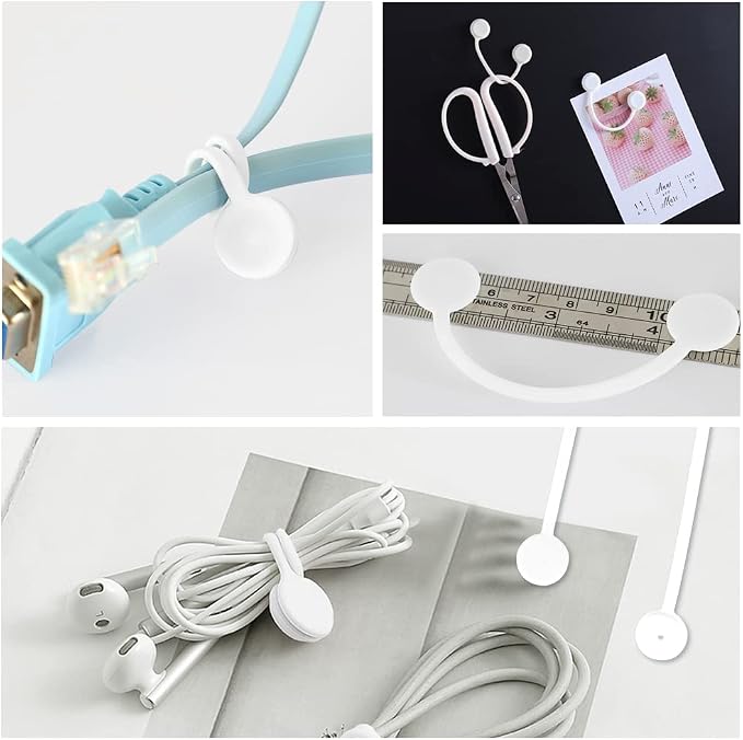 Kanemc Reusable Magnetic Cord Ties,Magnetic Cable Ties(10-Pack, White) | Magnetic Cable Organizer,Silicone Twist Ties for Cable Bundling, Organizing, Earphone Cords Wrap,Bookmarks & Fridge Magnets
