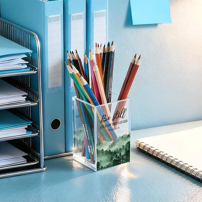 Be Still And Know That I Am God Acrylic Pencil Holder Cup, Christian Pen Holder for Desk, Christian Gifts for Women Girls, Bible Verses Clear Cosmetic Holder for Home Office Desk Accessories