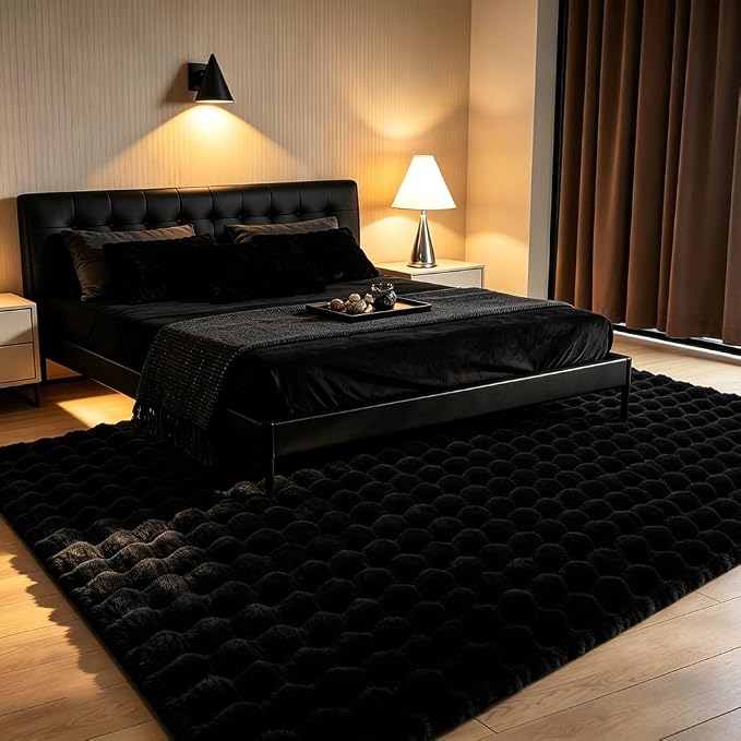 Black Rabbit Plush Rug 6'x9', Fluffy Faux Fur Shaggy Area Rug for Nursery, Kids Room Decor, Soft Fuzzy Carpet for Living Room, Bedroom, Teen Girls Room