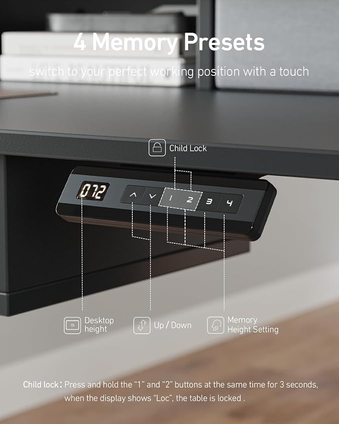 CubiCubi 55" x 30" Standing Desk with Drawers, Height Adjustable Electric Workstation, Computer Sit Stand Up Table with Large Storage Shelf 4 Drawers and 2 Hooks, Black
