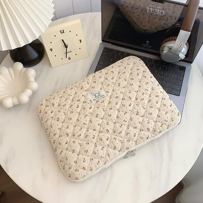 Cute Laptop Sleeve 13-15 inch Laptop Case Aesthetic Quilted Laptop Sleeve Computer Bag with Flower Printing for MacBook (Yellow, 13inch)