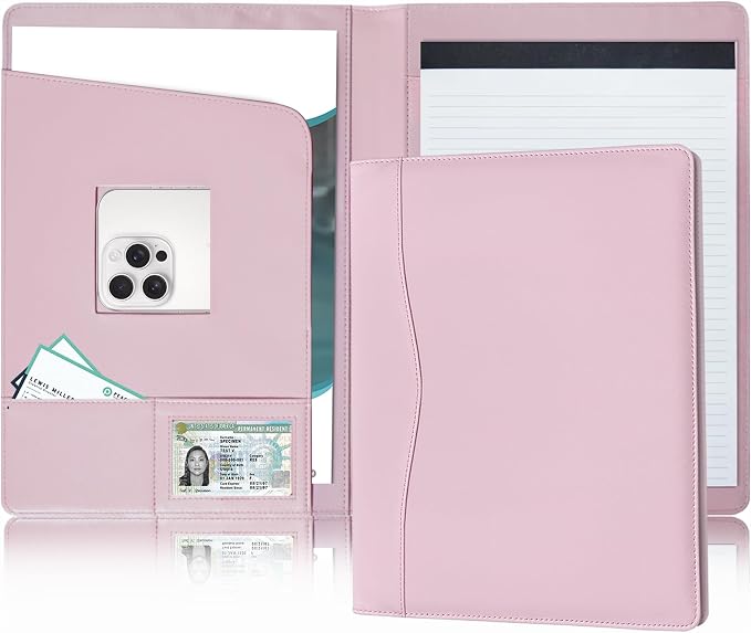 Padfolio Portfolio Folder Portfolio Organizer for A4 Size Pad - Faux Leather Folder with Storage Pocket, Card Holders & Pen Loop for Business Meeting, Office, Student (Pink)