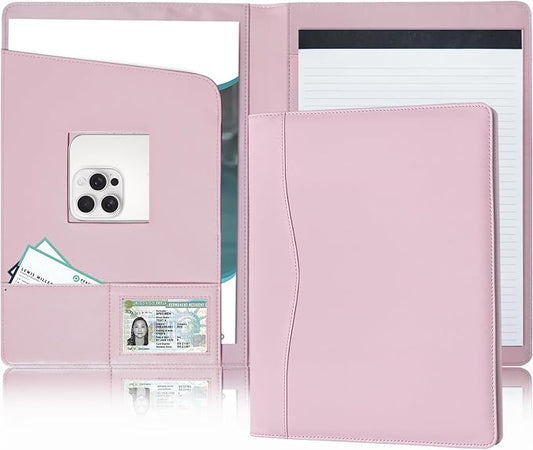 Padfolio Portfolio Folder Portfolio Organizer for A4 Size Pad - Faux Leather Folder with Storage Pocket, Card Holders & Pen Loop for Business Meeting, Office, Student (Pink)