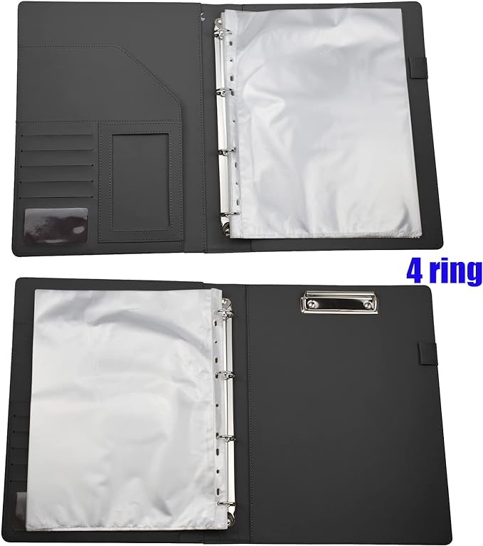 PU Leather Padfolio Ring Binder with Clipboard Resume Leather Portfolio with 20 Clear Plastic Sleeves Black