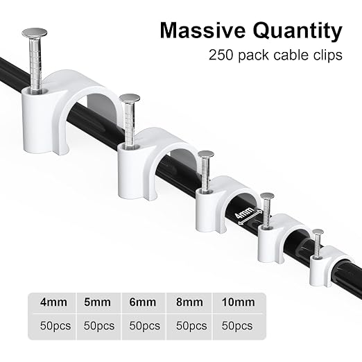 Jadaol Wide Design Cable Clips with Nails, 250 Pack Cord Wire Clips (4mm 5mm 6mm 8mm 10mm), Nail-in Round Cable Tacks for Ethernet Cable, Coaxial, TV, Speaker, Electrical Wire, White