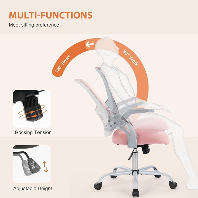 Sweetcrispy Home Office Managerial Executive Chair, Ergonomic Mesh Adjustable Swivel Mid-Back Chair with, Flip-up Arms, Comfortable Lumbar Support, Comfy Arms for Bedroom,Study,Student