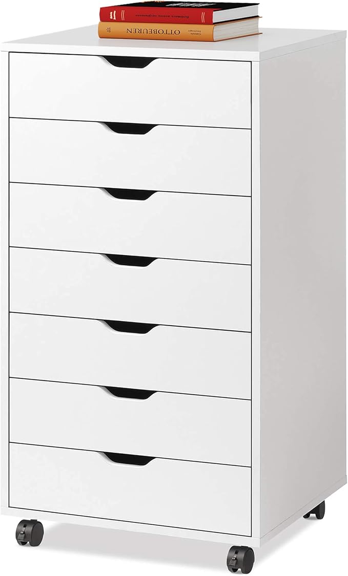 DEVAISE 7-Drawer Office File Cabinets, Mobile Craft Storage Cabinet, White | Wood Drawer Unit, Storage Cabinet, Rolling Cart, Printer Stand, Filing Cabinet with Drawers
